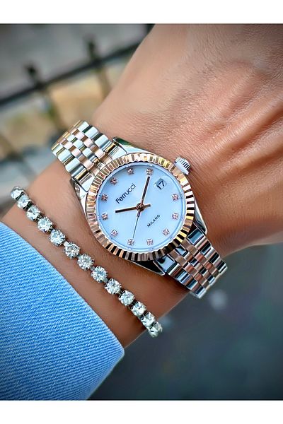 Ferrucci Women's Wristwatch Steel Cord 3 Atm Water Resistant Original Product with Calendar Bracelet Gift