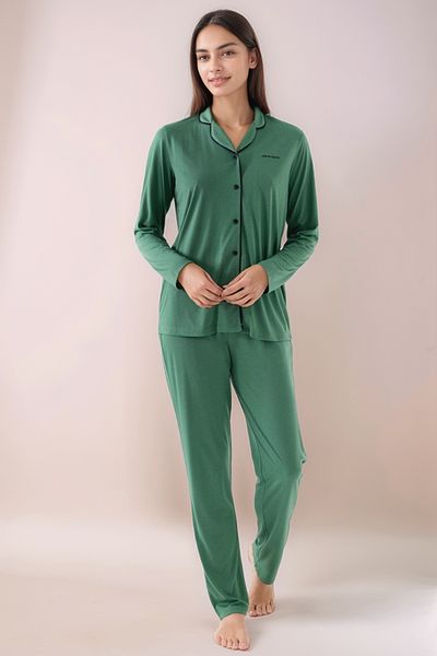 Pierre Cardin Women's Shirt Collar Long Sleeve Buttoned Pajama Set