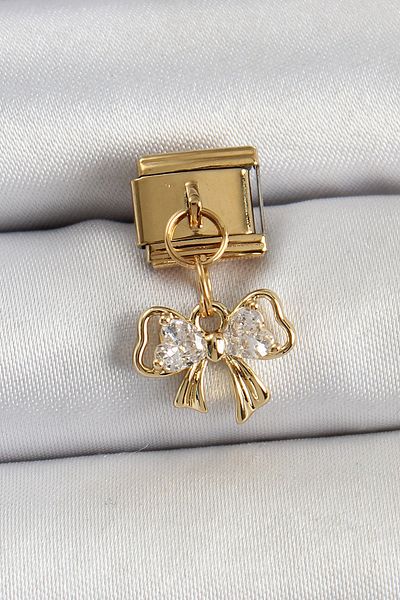 Skygo 316L Steel Dangle Zircon Stone Bow Model Gold Color Nomination Charm - Tj-Bc1424