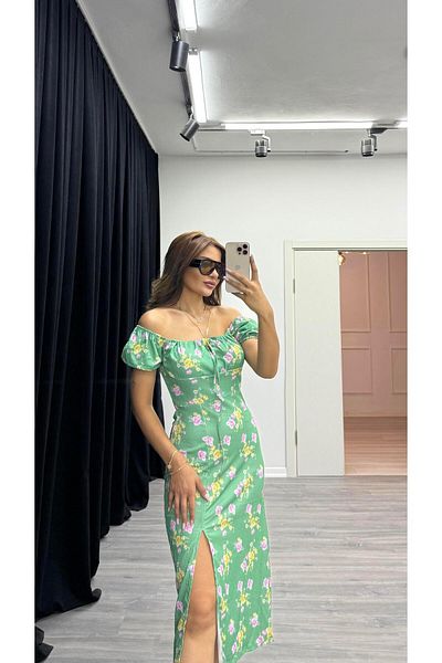 Daves Lace-up Front Madonna Collar Floral Print Green Short Sleeve Dress