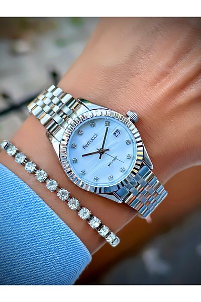 Ferrucci Women's Wristwatch Steel Cord 3 Atm Water Resistant Original Product with Calendar Bracelet Gift