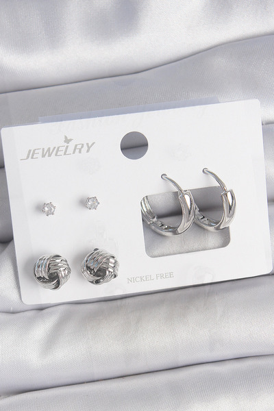 Skygo Brass Silver Color Zircon Stone Hoop Model 3 Pairs Women's Earring Set - Tj-Bkp10604