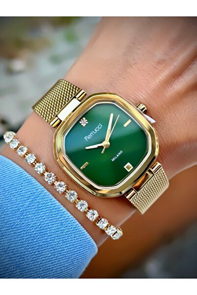 Ferrucci Kadın Kol Saati Hasır Kordon 3 Atm Suya Dayanıklı Bileklik Hediyeli Tasarım Kare Saat