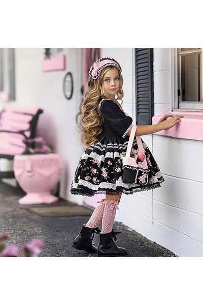HÇ Hülya Çelik KİDSWEAR 2018 Girl's Black Dress & Bandana & Bag Set