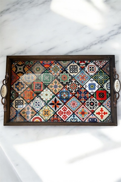 Home Ahşap Tepsi Çini Çapraz Meksika Desenli El Yapımı Servis Tepsi Çeyizlik Çay Kahve Sunumluk