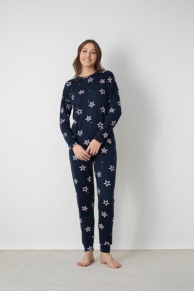 DOFİ Women's Navy Blue Star Patterned Pajama Set – Ribbed Leg, Crew Neck