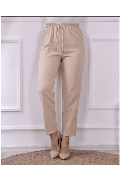 AYHAN AYDIN Women's Beige Elastic Waist Ankle Length Pants