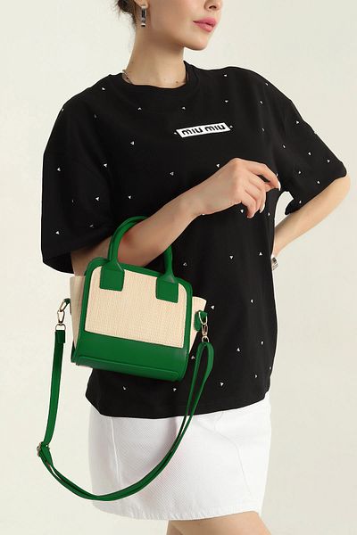 MILANOFOX Geantă de mână și umăr pentru femei, cu aspect de paie, cu detalii din piele, verde – mini geantă de vară și elegantă