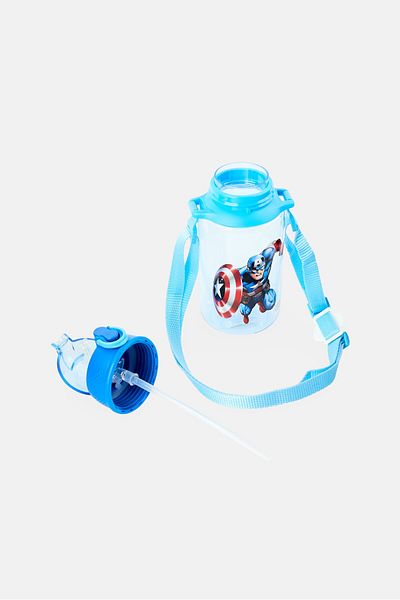Marvel Captain America Series Strap Straw Water Bottle 650 ml, Blue