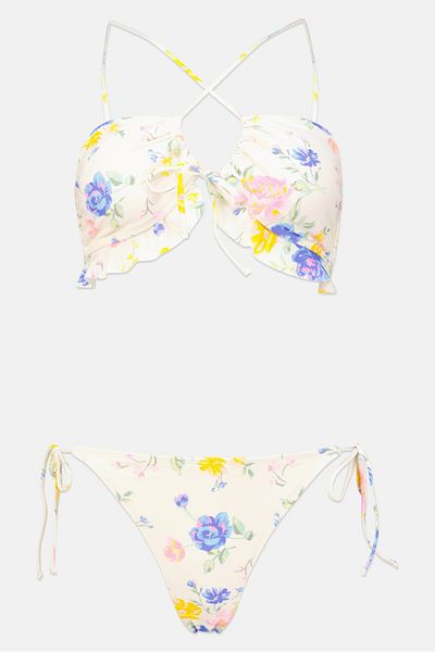 California Sunshine Women 2 Pieces Padded Floral Print Bikini Swimwear Set, Ivory