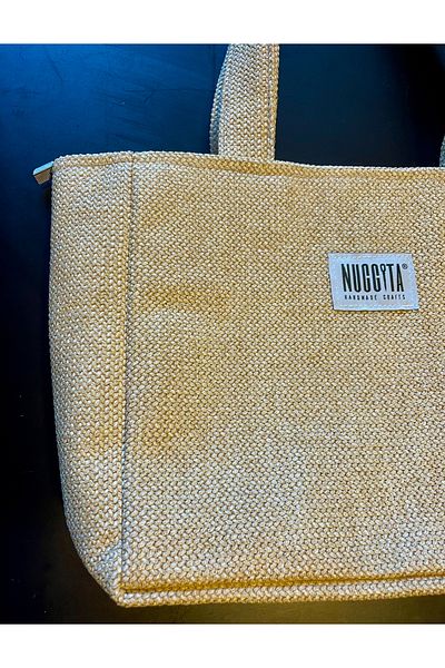 Nuggita Geantă de umăr/plajă din țesătură de paie de mărime medie - culoare paie naturală