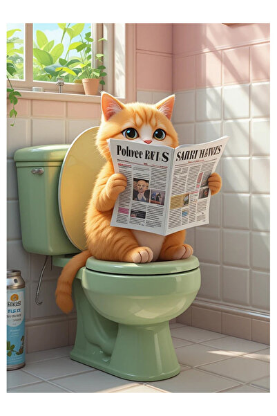 Bedeko Tuvalette Gazete Okuyan Kedi Mdf Tablo