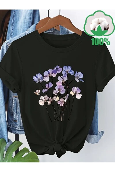 l'eivor Tricou din bumbac pentru femei cu imprimeu cu flori pastel