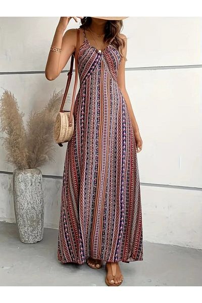Gökyüzü Moda Women's Rope Strap Back Cross Detailed Slit Patterned Single Jersey Dress