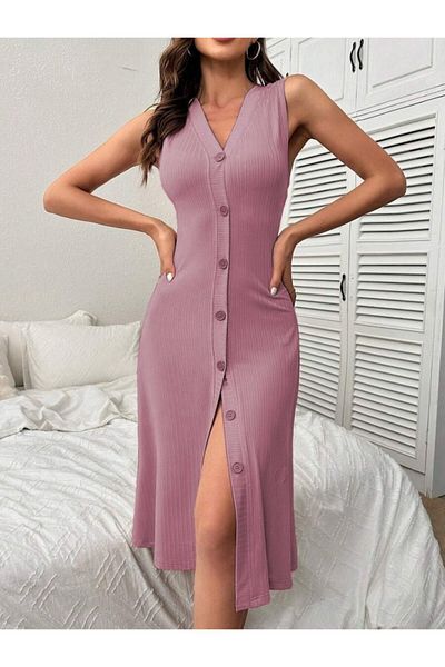 Gökyüzü Moda Women's V-Neck Front Buttoned Camisole Dress
