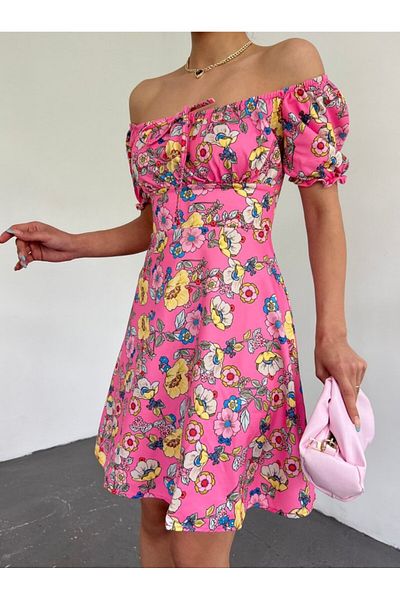 gelirr Mini Dress with Elastic Collar and Lace Detail -Pink