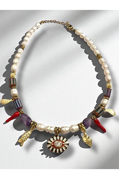 Bo Takı ve Aksesuar Gerçek inci charmlı çelik deniz temalı özel tasarım kolye