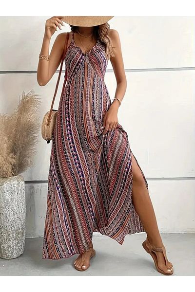 Gökyüzü Moda Women's Rope Strap Back Cross Detailed Slit Patterned Single Jersey Dress