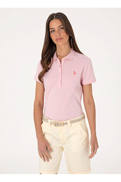 U.S. Polo Assn. Ανοιχτό ροζ γυναικείο μπλουζάκι πόλο σε στενή γραμμή GTP-IY025