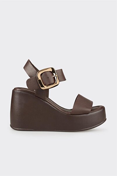 Elle Shoes Kahve Deri Kadın Dolgu Topuk Sandalet