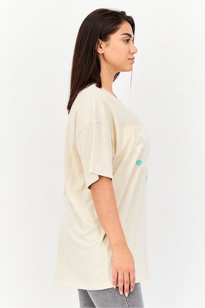 AMERICAN EAGLE Women Crew Neck Short Sleeves Brand Logo T-Shirts, Beige