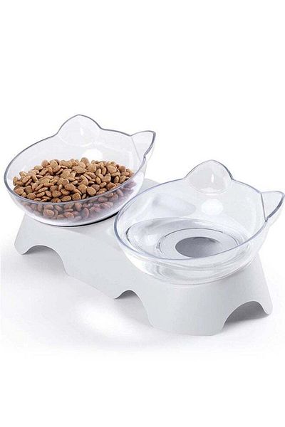 COOYA Elevated Cat Bowls,15° Tilted Double Pet Dishes for Cats/Puppies,White