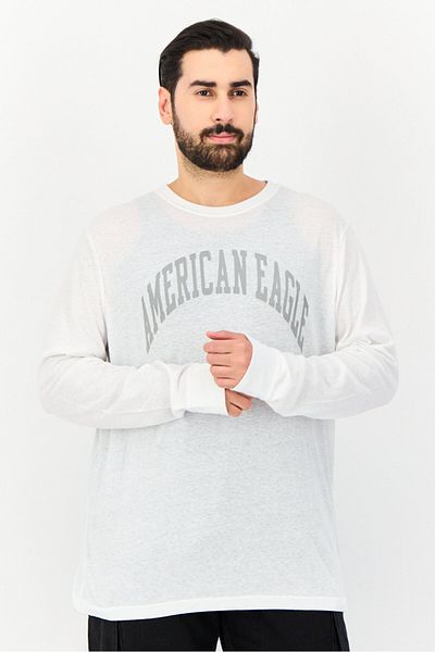 AMERICAN EAGLE Men Crew Neck Long Sleeve Graphic Print T-Shirt, White