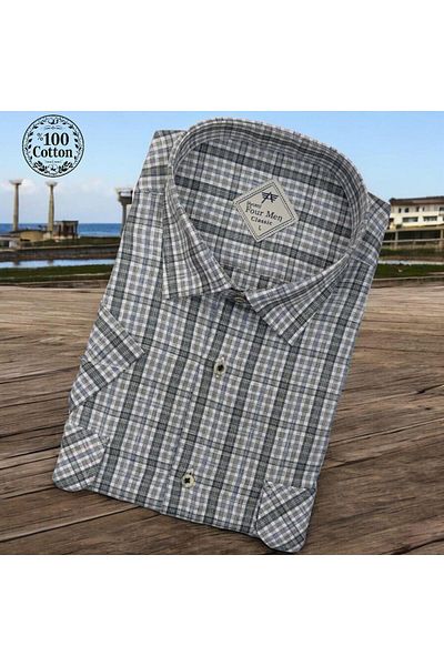 EREN STYLE Cămașă albă din in, clasică, 100% bumbac, cu mânecă scurtă, anti-transpirație, cu două buzunare (model obișnuit)