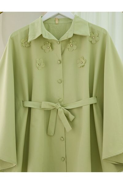 Modamorfo Front Floral Detailed Lace-Up Waist Buttoned Poncho -Çağla Y.