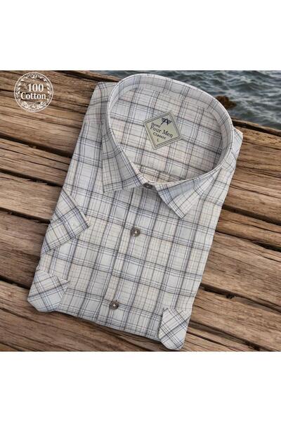 EREN STYLE Κλασικό κοντομάνικο λινό πουκάμισο με δύο τσέπες και καπάκι (κανον...