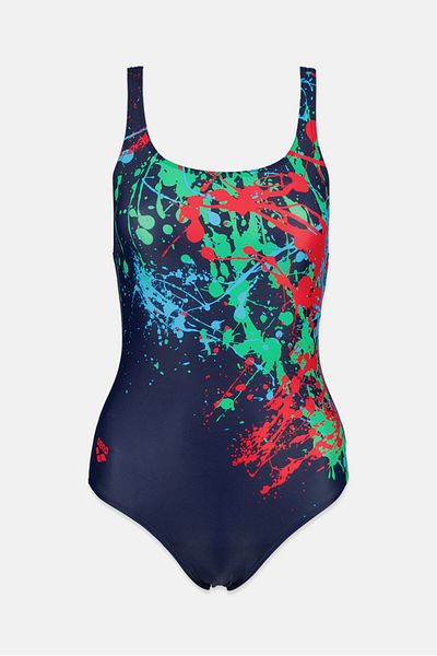 ARENA Women Splatter Paint One Piece Swimwear, Navy Blue Combo