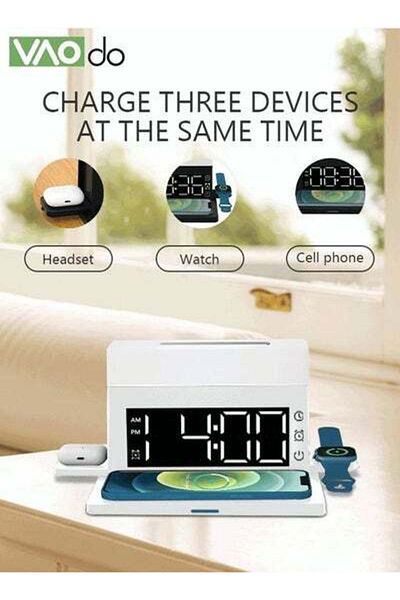 VAODO 6 In 1 Smart Alarm Clock White Multi-Function Wireless Charger Desktop Clock Night Light Table Lamp