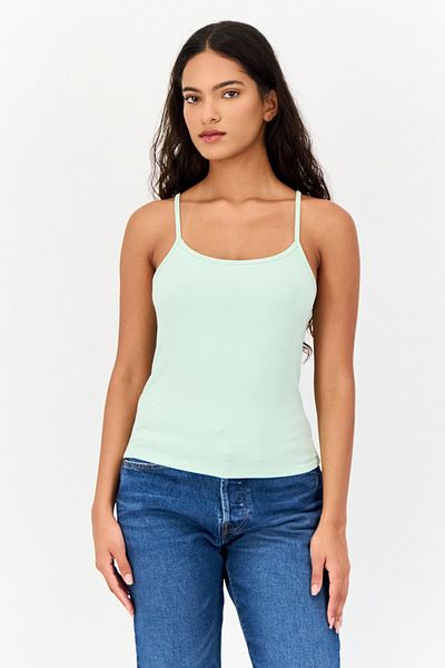 AMERICAN EAGLE Women Square Neck Sleeveless Ribbed Tank Top, Mint Green