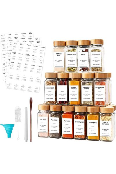 COOYA Spice Jar Set:5 glass jars,2 oil dispensers,16 labels,funnel+wooden shelf，for cabinet,pantry.