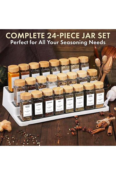 COOYA Spice Jar Set:5 glass jars,2 oil dispensers,16 labels,funnel+wooden shelf，for cabinet,pantry.