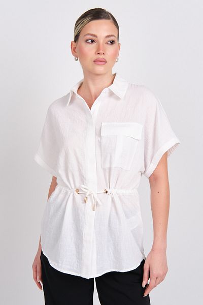 ONLY Women's Onlemia Waist Tie Short Sleeve Shirt 15352615 White