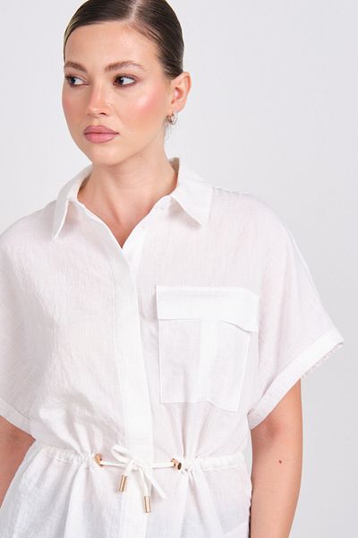 ONLY Women's Onlemia Waist Tie Short Sleeve Shirt 15352615 White