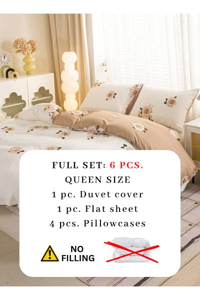 LUNA HOME Queen 6-pc beige duvet cover set featuring a beautiful rose design and reversible style 200X230cm.