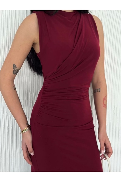 Genel Markalar Yandan Buzgulu Kolsuz Yırtmaçlı Uzun Elbise - Bordo