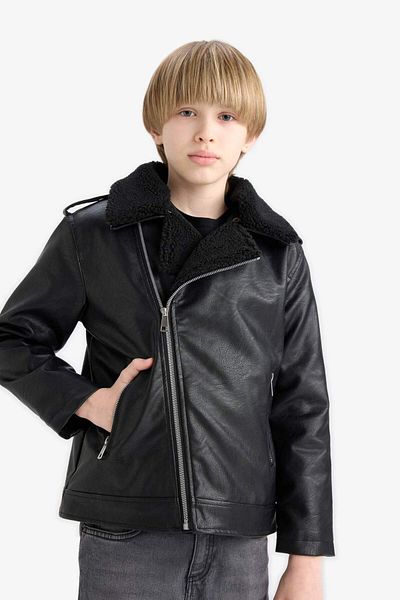 DeFacto Boy's Water Repellent Zippered Collar Plush Lining Coat C4324A825Au