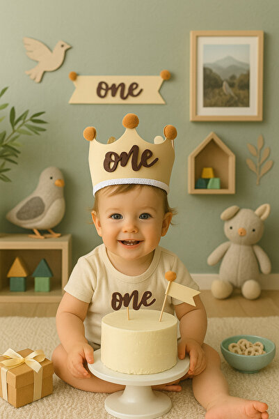 aloha concept Kahve Taç “one” Yazılı 1 Yaş Doğum Günü Taç ve Kürdan Süs Seti