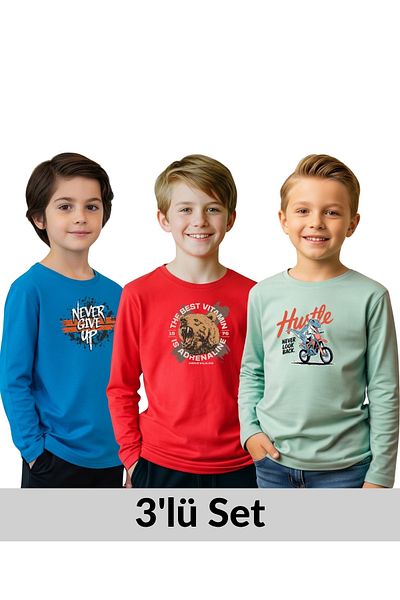 FYK COLLECTİON 3-Pack Zero Collar Printed Detail Boy's Sweatshirt