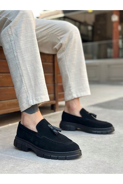 BOA Ba0240 High Sole Classic Shiny Tasseled Suede Black Men's Shoes