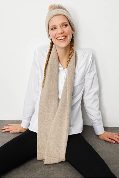 Desen Triko Women's Glitter Jacquard Pompom Wool Hat K.Beige