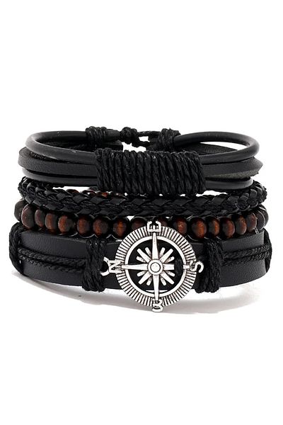Choice ASL70461-4 4Pcs/ Set Braided Wrap Leather Bracelets for Men Vintage Life Tree Rudder Charm Wood Bead