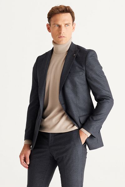 AC&Co / Altınyıldız Classics Men's Navy Blue-Grey Slim Fit Slim Fit Swallow Collar Patterned Suit