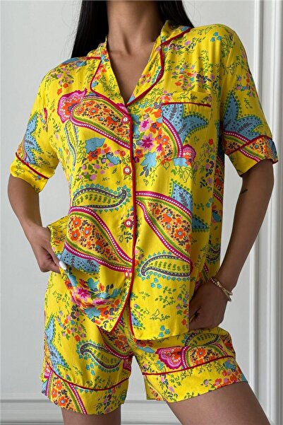 COCCOLARSI Motivi Etnici Sarı Viskon Kısa Pijama Takımı