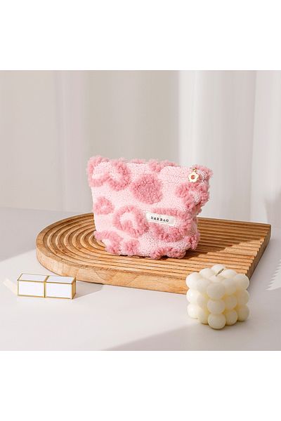 Choice S Plush Cute Pink Love Makeup Bag Portable Skincare Product Lipstick Storage Bag Hand-held Inner Ba.