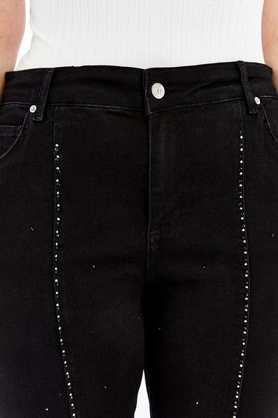 RMG Large Size Jeans with Leg Slits and Stone Detail Black