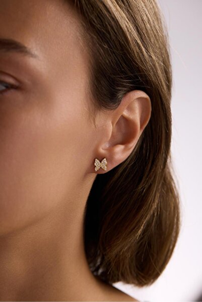 Nereze 925 Ayar Gümüş Gold Kaplama Minik zirkon Taşlı Kelebek Küpe